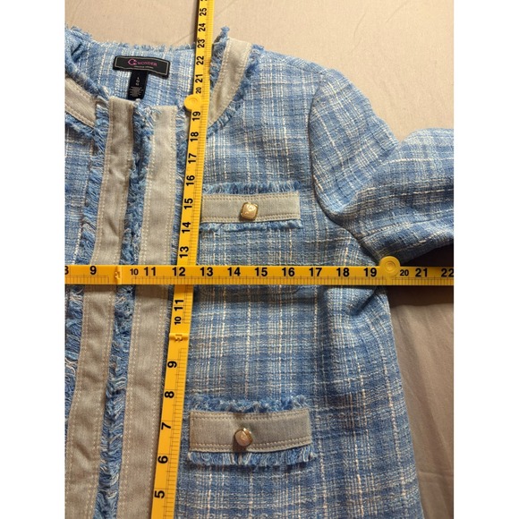C Wonder Christian Siriano Blue Plaid Tweed Jacket Tan Trim Gold Button Large - Picture 7 of 7